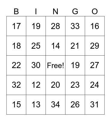 Number Bingo Card