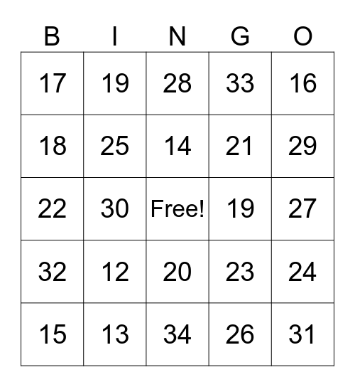 Number Bingo Card