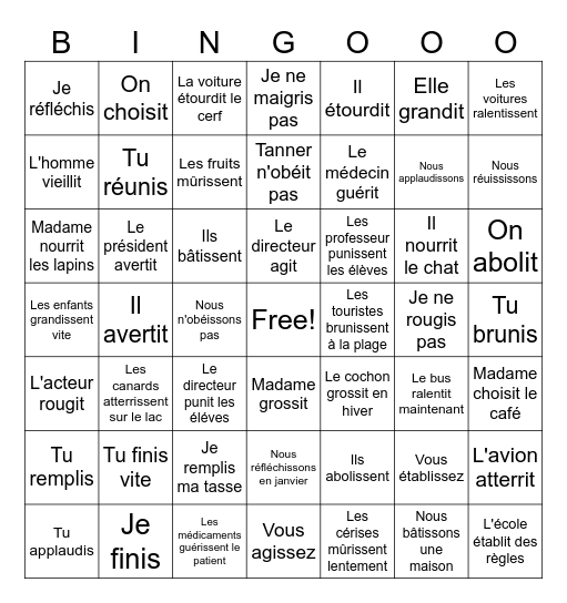 French -IR verbs Bingo Card