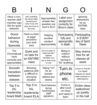 Positive Behavior Bingo Card
