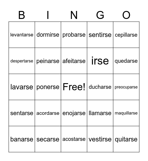 Los Verbos Reflexivos Bingo Card