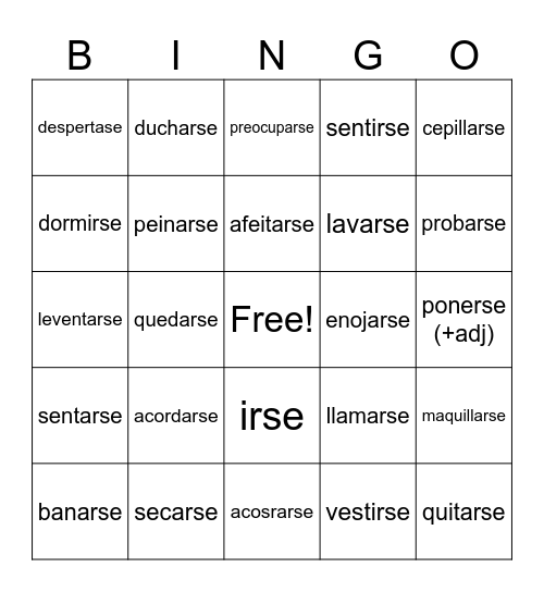 reflexive verbs Bingo Card