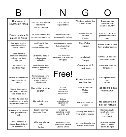 Cultural Bingo! Bingo Card