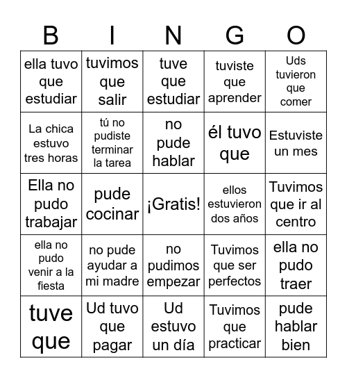 Poder + Estar + Tener que Pretérito Bingo Card