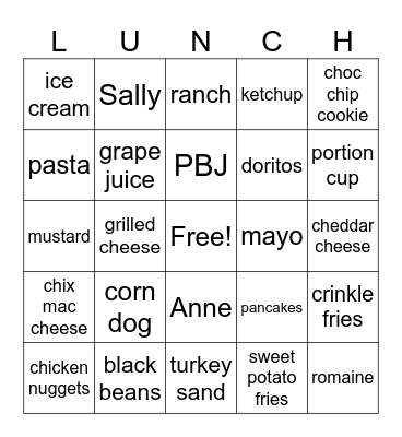 Lunch Lady BINGO Card