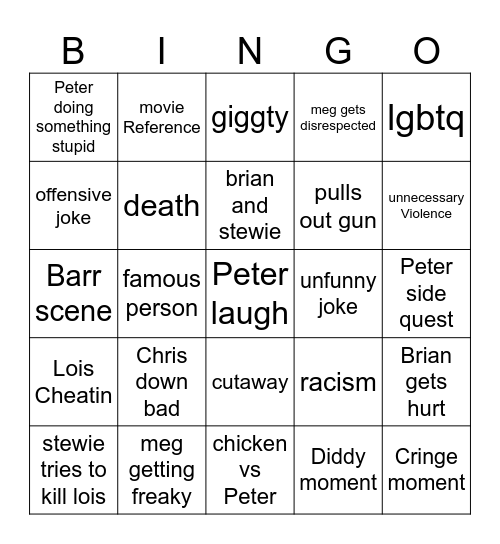 Family guy bingo Card