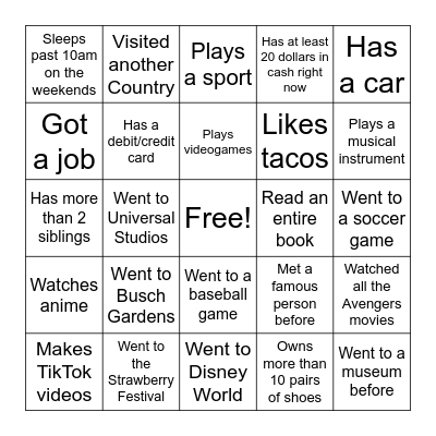 Icebreaker Scavenger Hunt Bingo Card