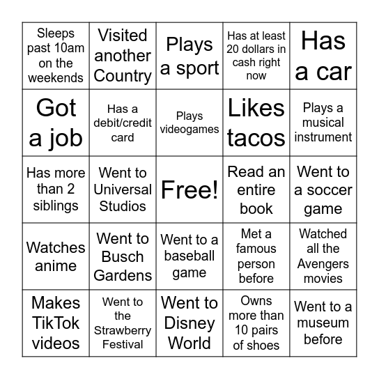 Icebreaker Scavenger Hunt Bingo Card