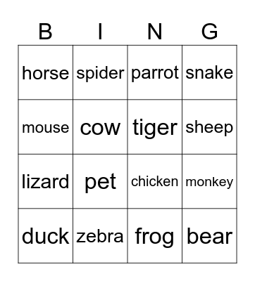 Animals Bingo Card