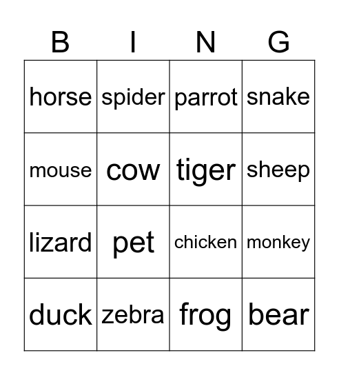 Animals Bingo Card