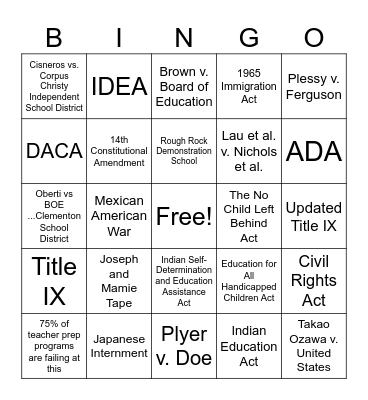 Equal Access to Education Opportunities Bingo Card