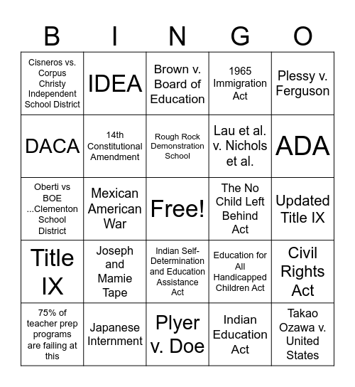 Equal Access to Education Opportunities Bingo Card