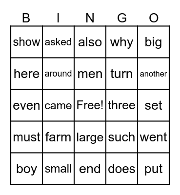 Sight Words 141-170 Bingo Card