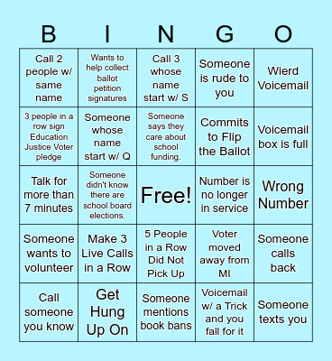Phone Banking Bingo Card