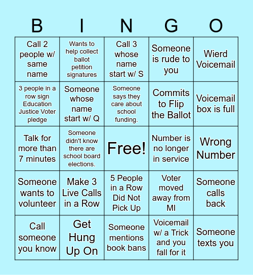 Phone Banking Bingo Card