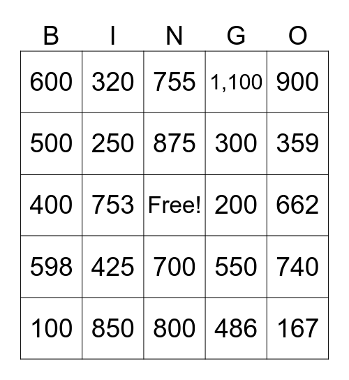Mental Math Bingo Card