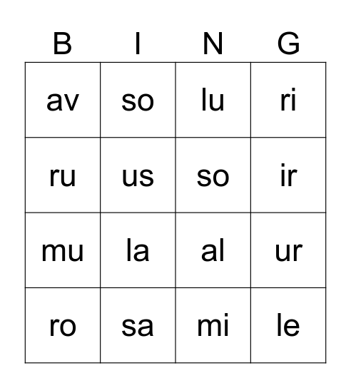 Bingo des syllabes Bingo Card