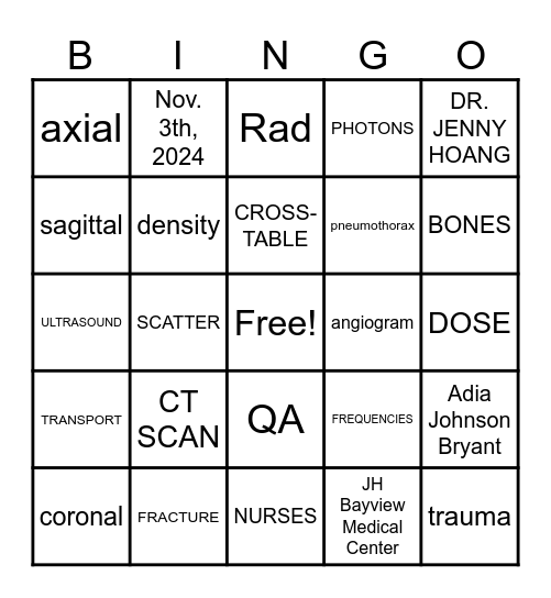 JHBMC Radiology BINGO 2024 Bingo Card