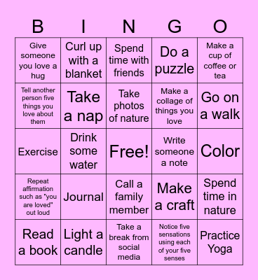 Mindfulness Bingo Card
