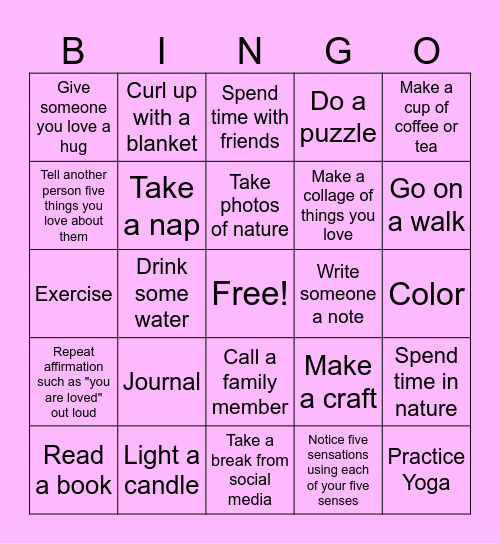 Mindfulness Bingo Card