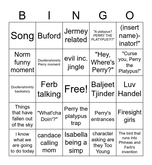 Phineas and Ferb Bingo Card