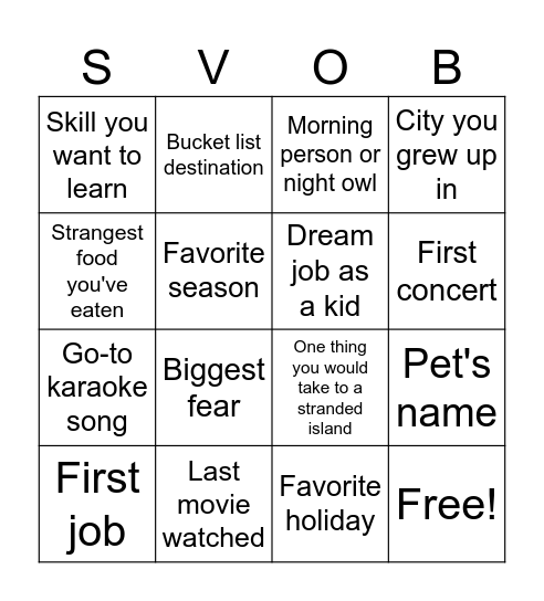 SVOB Happy Hour Bingo Card