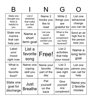 Mental Health Bingo Card