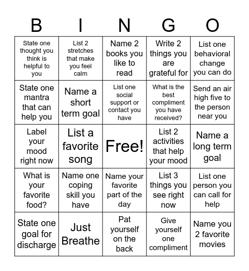 Mental Health Bingo Card