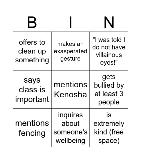 Ethan Bingo Card