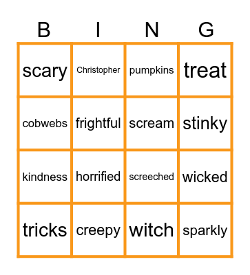 Christopher Pumpkin Bingo Card