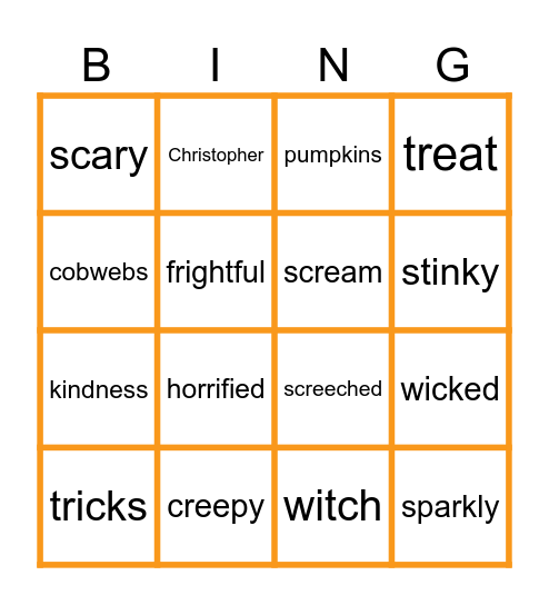 Christopher Pumpkin Bingo Card