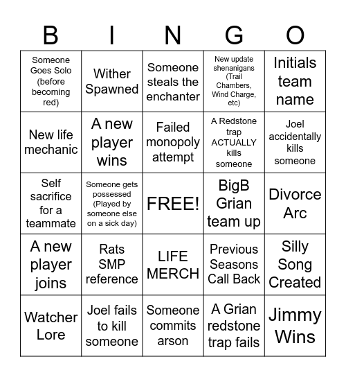 Life Series Bingo Card