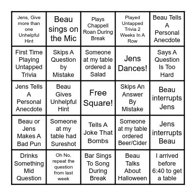 Trivia Host Bingo Card