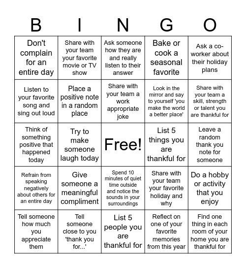 Gratitude Bingo Card