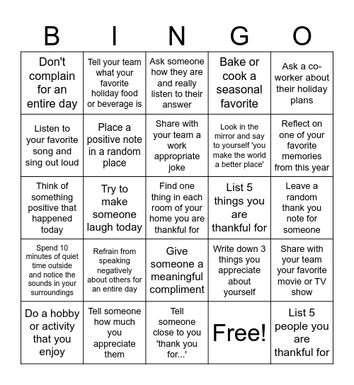 Gratitude Bingo Card