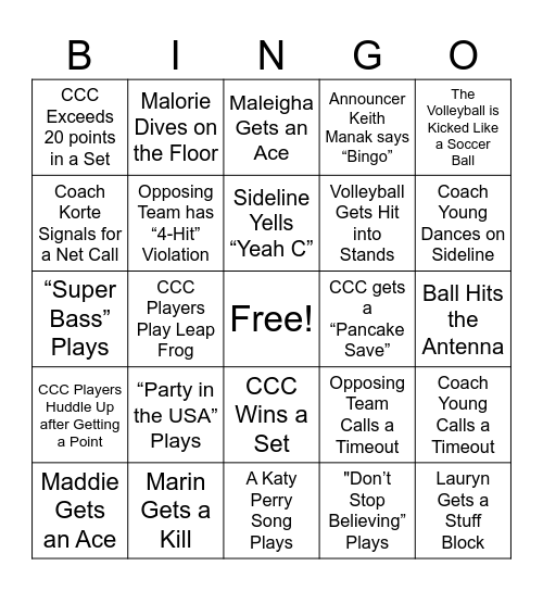 CCC Volleyball 10.17.2024 Bingo Card