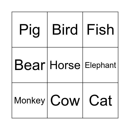 Animal Names Bingo Card