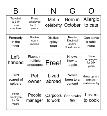 Prime Electric New Hire Connect Bingo Card