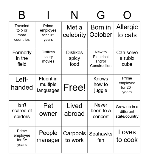 Prime Electric New Hire Connect Bingo Card