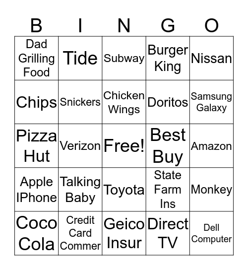 2017 Super Bowl Commercial Bingo Card