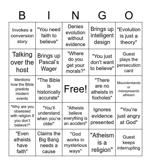 Theist Debate Bingo Card