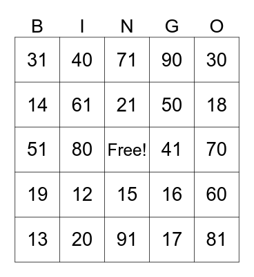 Place Value Bingo Card