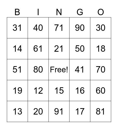 Place Value Bingo Card