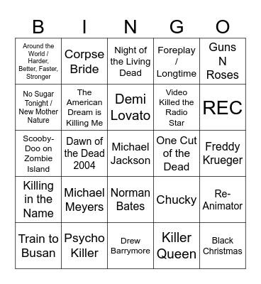 Killer Tunes, Slashers, & Zombies Bingo Card