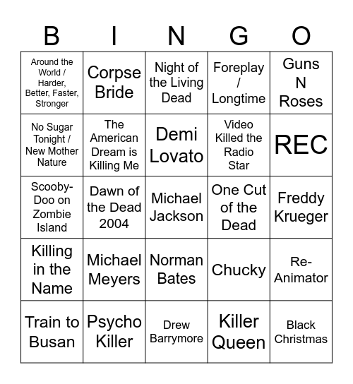 Killer Tunes, Slashers, & Zombies Bingo Card