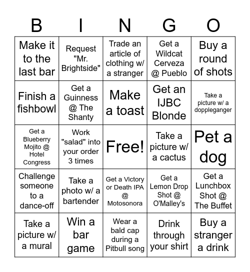 Tucson Bar Crawl Bingo Card