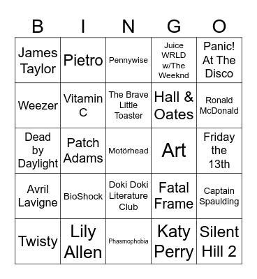 Smiling Songs, Clowns, & Horror Video Games Bingo Card