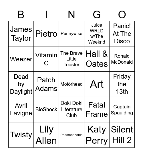 Smiling Songs, Clowns, & Horror Video Games Bingo Card