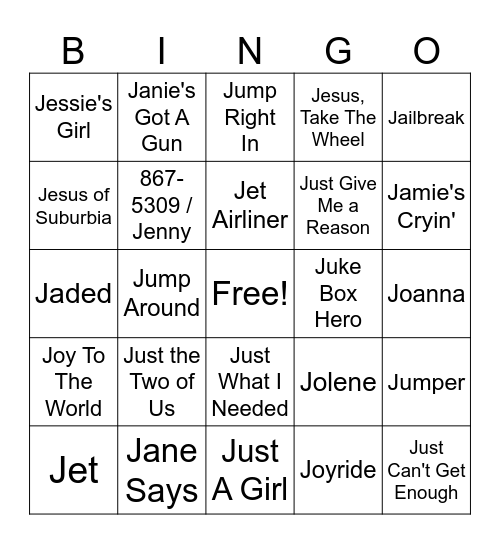 Letter J Bingo Card