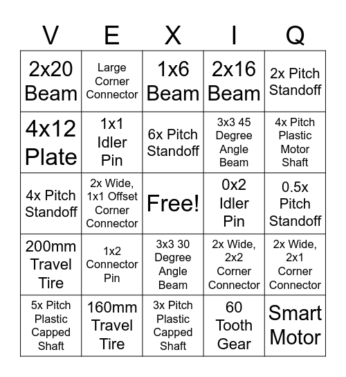 VEX IQ Parts Bingo Card